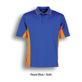 Royal blue polo shirt with gold contrast side panels and collar tipping, short sleeves