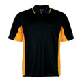 Black polo shirt with gold contrast side panels and gold collar tipping