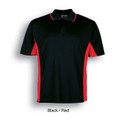 Black polo shirt with red contrast side panels and collar tipping for kids