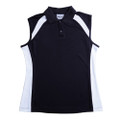 Black sleeveless polo shirt with white contrast side panels and shoulder inserts