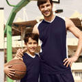 Navy sleeveless basketball singlet with white contrast v-neck and armhole binding worn by adult and youth models