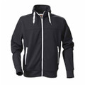 Charcoal full-zip jacket with white contrast drawcord hood, chest panel seam, and zip side pockets