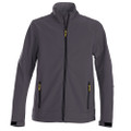 Charcoal grey soft shell jacket with gold zip pullers and stand collar