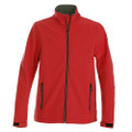 Red soft shell jacket with black contrast zipper and two zippered side pockets on grey background