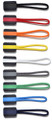 Eight zipper pullers in black, red, orange, yellow, white, grey, green, and blue with matching cord loops on dark rectangular tabs
