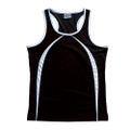 Black athletic singlet with white contrast panels and racerback design