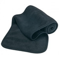 Dark teal polar fleece scarf shown rolled and folded displaying soft texture and hemmed edges