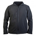 Charcoal grey soft shell jacket with full zip front, collar, and shoulder panel detailing