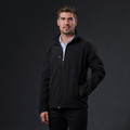 Black soft shell jacket with full zip, stand collar and side pockets with contrast paneling