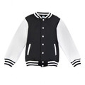 Black and white varsity jacket with snap button front, striped collar and cuffs, contrast raglan sleeves and pocket trim
