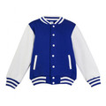 Royal blue varsity jacket with white contrast sleeves, striped collar and cuffs, snap button front closure