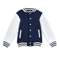Navy and white kids varsity jacket with striped ribbed collar, cuffs and hem, white snap buttons and front pockets
