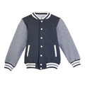 Charcoal body varsity jacket with grey marle sleeves, white stripe trim and contrast pocket panels
