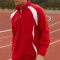 Red half-zip pullover with white contrast panels on shoulders and sides, featuring stand collar and front pockets