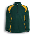 Bottle green fleece pullover with gold contrast panels along shoulders and sides, featuring half zip collar
