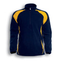Navy fleece half-zip pullover with gold contrast panels on shoulders and sides