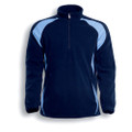 Navy fleece pullover with sky blue contrast panels on shoulders and sides featuring half zip front