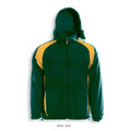 Bottle green and gold reversible sports fleece jacket with hood and contrast shoulder panels