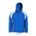 Royal blue hooded fleece jacket with white contrast panels on shoulders and sides, featuring full zip front