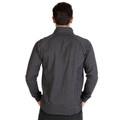 Charcoal heather long sleeve jacket with stand collar shown from back, featuring stretchy knit fabric