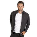 Charcoal heather knit jacket with full zip front and stand collar over white tee