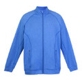 Royal blue heather stretch jacket with full zip front, stand collar, and zippered side pockets
