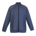 Navy heather fleece jacket with full zip closure, stand collar, raglan sleeves and zip pockets