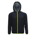 Black foldaway running jacket with lime green contrast zip, trim, and adjustable hood