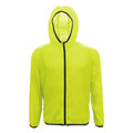 Fluro yellow lightweight hooded running jacket with navy contrast zip and hem trim, packshot