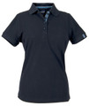 Charcoal ladies polo shirt with sky blue contrast trim on collar and placket, featuring short sleeves and button closure