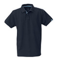 Navy pique polo shirt with contrast white trim on collar and sleeve tabs