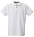White pique polo shirt with red and navy contrast inner collar trim and sleeve tab detail