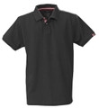Black pique polo shirt with contrast red trim on collar and sleeve cuffs