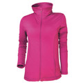 Fuchsia pink full-zip ladies stretch jacket with high funnel neck, fitted panels and side pockets