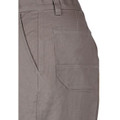 Close-up of stone grey cotton drill work pants showing large patch back pocket and side pocket detail
