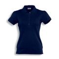 Navy fitted women's polo shirt with collar and button placket