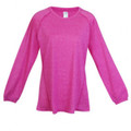 Hot pink heather long sleeve women's tee with crew neck, raglan sleeves and ribbed cuffs