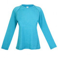 Heather cyan long sleeve tee with raglan sleeves and crew neck on white background
