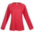 Red heather marle women's long sleeve tee with crew neck and raglan sleeves, flat lay packshot