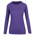 Heather purple ladies long sleeve tee with crew neck and raglan sleeves on white background