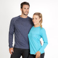 Navy heather and aqua blue heather long sleeve crew neck tees with raglan sleeves modelled together