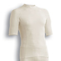 Cream short sleeve compression t-shirt with mock neck, raglan seams and flatlock stitching on mannequin