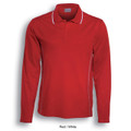 Red long sleeve polo shirt with white contrast collar and sleeve tipping