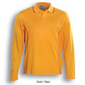 Gold long sleeve polo shirt with red contrast tipping on collar and sleeve panels for decoration