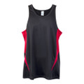 Charcoal grey sleeveless singlet with red contrast side panels and curved design lines