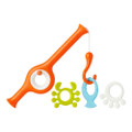 Orange fishing pole bath toy with yellow crab, blue hook, and white octopus teether accessories