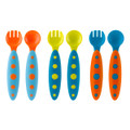 Six-piece toddler cutlery set with orange, teal and lime spoons and forks, two-tone dotted grip handles