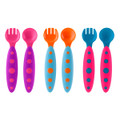 Six-piece toddler cutlery set in purple, sky blue and hot pink handles with contrasting polka dots, paired with matching fork and spoon heads in pink, orange an