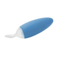 Sky blue silicone baby food dispensing spoon with white squeeze bulb and shallow spoon tip