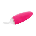 Hot pink silicone baby food dispensing spoon with white squeeze bulb and angled tip